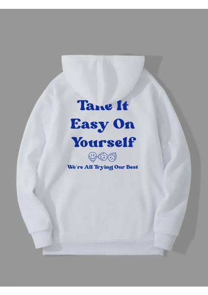 Beyaz Take It Baskılı Oversize Kapüşonlu Erkek Sweatshirt