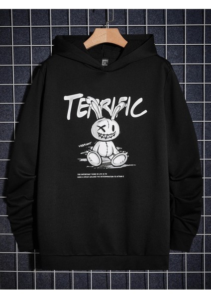 Siyah Terrific Baskılı Oversize Kapüşonlu Erkek Sweatshirt