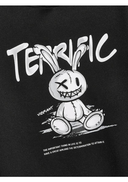 Siyah Terrific Baskılı Oversize Kapüşonlu Erkek Sweatshirt