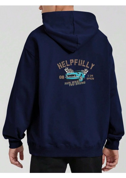 Lacivert Helpfully Baskılı Oversize Kapüşonlu Erkek Sweatshirt