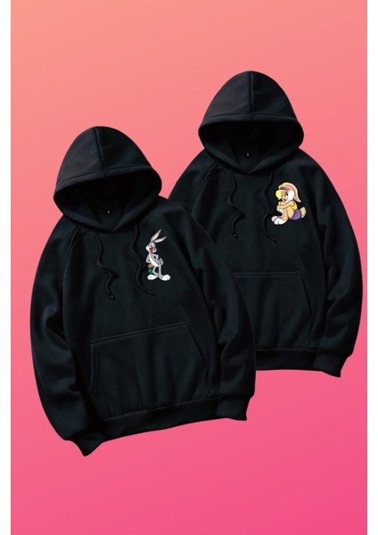 Siyah Bucks Bunny Baskılı Oversize Kapüşonlu Sweatshirt Sevgili Kombini