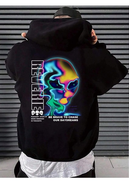 Siyah Reverie Uzaylı Baskılı Oversize Kapüşonlu Erkek Sweatshirt