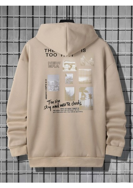 Bej The Blue Sky Baskılı Oversize Kapüşonlu Erkek Sweatshirt