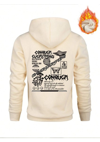 Bej Conouer Baskılı Oversize Kapüşonlu Erkek Sweatshirt