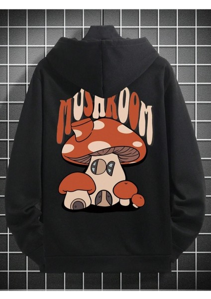 Siyah Mushroom Mantar Baskılı Oversize Kapüşonlu Erkek Sweatshirt