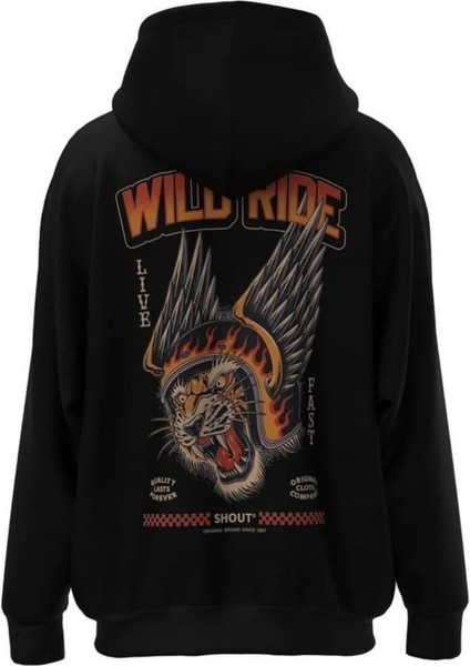 Siyah Wild Ride Baskılı Oversize Erkek Bisiklet Yaka Sweatshirt