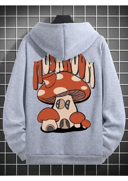 Açık Gri Mushroom Mantar Baskılı Oversize Kapüşonlu Erkek Sweatshirt fiyatları
