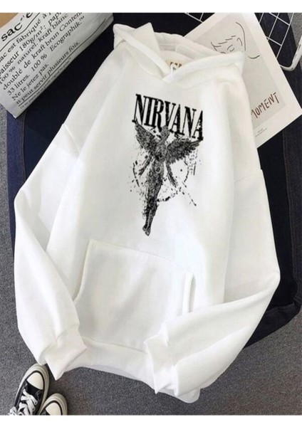 Nırvana Baskılı Beyaz Oversize Kapüşonlu Sweatshirt