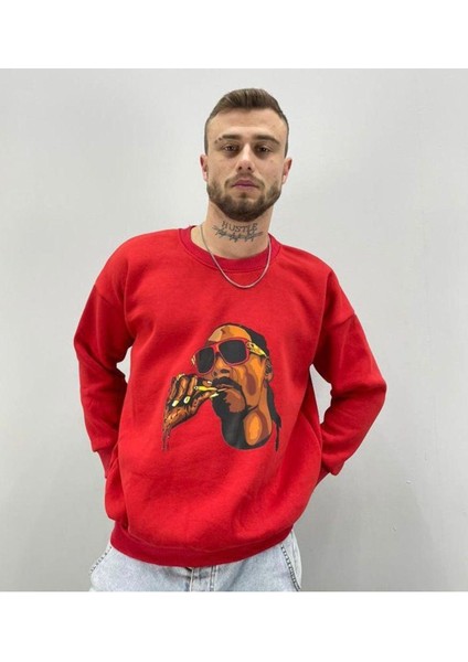 Erkek Kırmızı Snoop Dogg Baskılı Oversize Bisiklet Yaka Sweatshirt