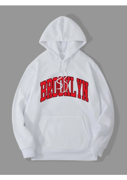 Beyaz Brooklyn Oval Yazı Baskılı Oversize Kapüşonlu Erkek Sweatshirt