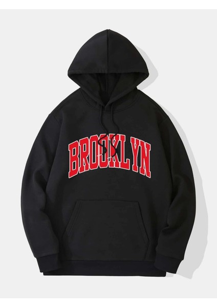 Siyah Brooklyn Oval Yazı Baskılı Oversize Kapüşonlu Erkek Sweatshirt