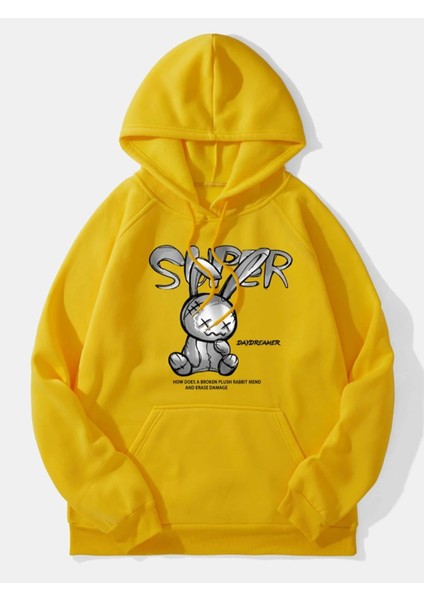 Sarı Süper Tavşan Baskılı Oversize Kapüşonlu Erkek Sweatshirt