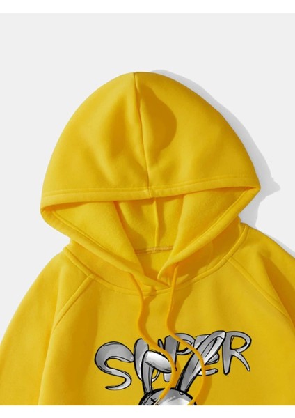 Sarı Süper Tavşan Baskılı Oversize Kapüşonlu Erkek Sweatshirt modelleri