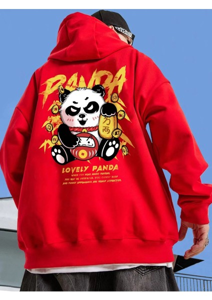 Kırmızı Lovely Panda Baskılı Oversize Kapüşonlu Erkek Sweatshirt