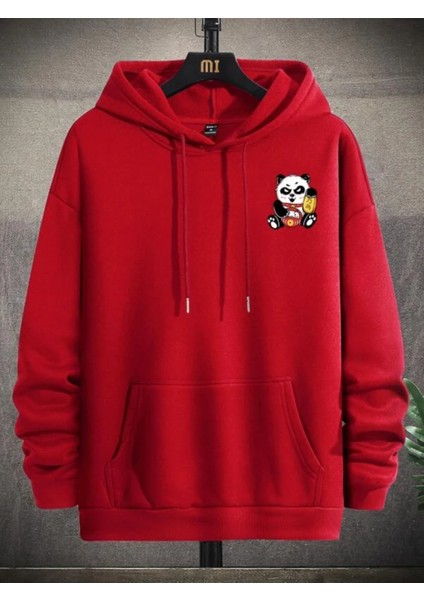 Kırmızı Lovely Panda Baskılı Oversize Kapüşonlu Erkek Sweatshirt modelleri
