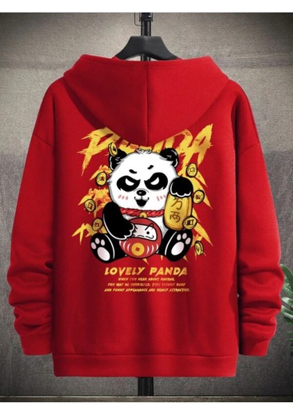Kırmızı Lovely Panda Baskılı Oversize Kapüşonlu Erkek Sweatshirt fırsatları