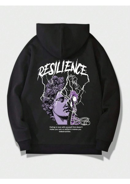 Siyah Resilience Baskılı Oversize Kapüşonlu Erkek Sweatshirt