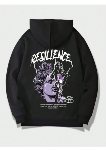 Black Sokak Siyah Resilience Baskılı Oversize Kapüşonlu Erkek Sweatshirt