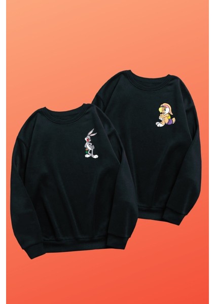 Siyah Bucks Bunny Baskılı Oversize Bisiklet Yaka Sweatshirt Sevgili Kombini