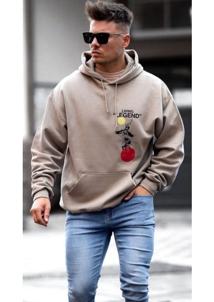 Erkek Bej Living Legend Baskılı Oversize Kapüşonlu Sweatshirt