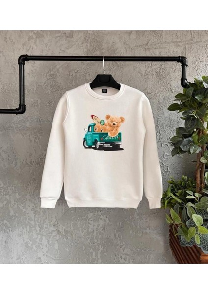 Beyaz Ayı Baskılı Oversize Bisiklet Yaka Erkek Sweatshirt