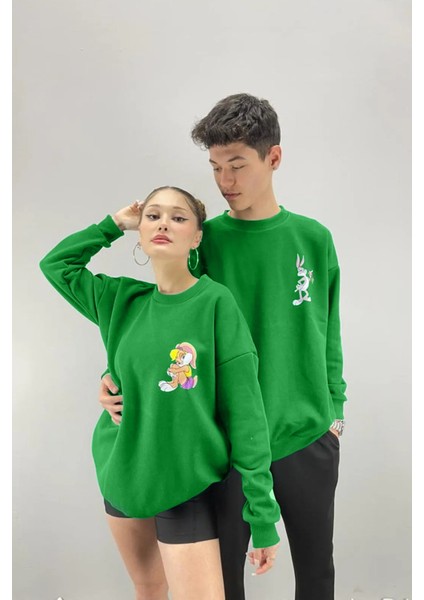 Unisex Yeşil Bugs Bunny Baskılı Bisiklet Yaka Sevgili Çift Kombini 2'li Set