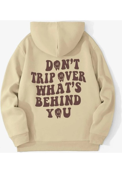 Bej Don't Trip Over Baskılı Oversize Kapüşonlu Erkek Sweatshirt