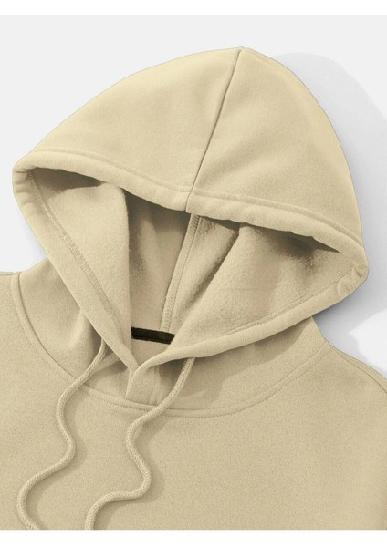 Bej Don't Trip Over Baskılı Oversize Kapüşonlu Erkek Sweatshirt