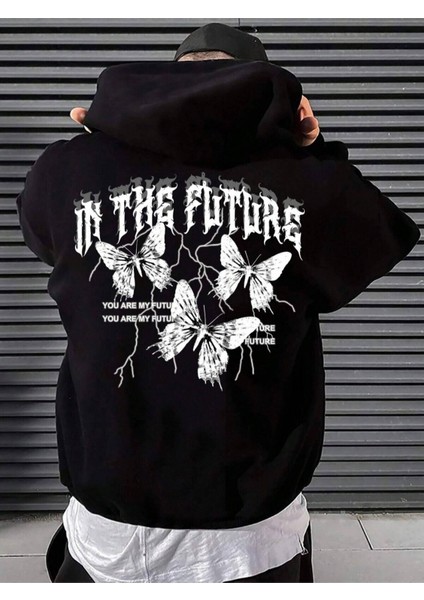 Siyah In The Future Baskılı Oversize Kapüşonlu Erkek Sweatshirt