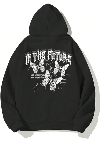Siyah In The Future Baskılı Oversize Kapüşonlu Erkek Sweatshirt