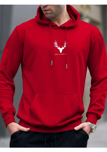 Kırmızı Geyik Baskılı Oversize Kapüşonlu Erkek Sweatshirt