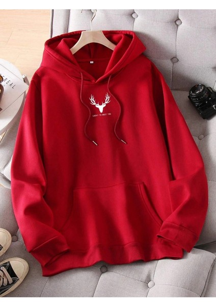 Kırmızı Geyik Baskılı Oversize Kapüşonlu Erkek Sweatshirt