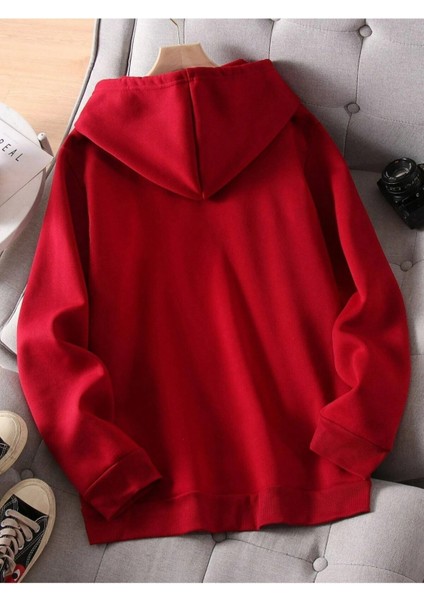 Kırmızı Geyik Baskılı Oversize Kapüşonlu Erkek Sweatshirt
