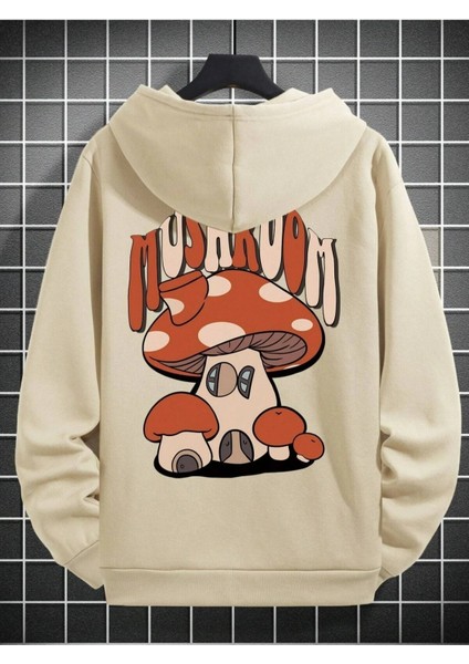 Bej Mushroom Mantar Baskılı Oversize Kapüşonlu Erkek Sweatshirt