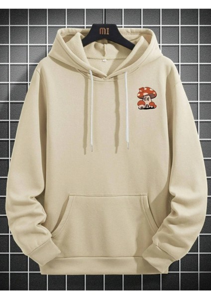 Bej Mushroom Mantar Baskılı Oversize Kapüşonlu Erkek Sweatshirt