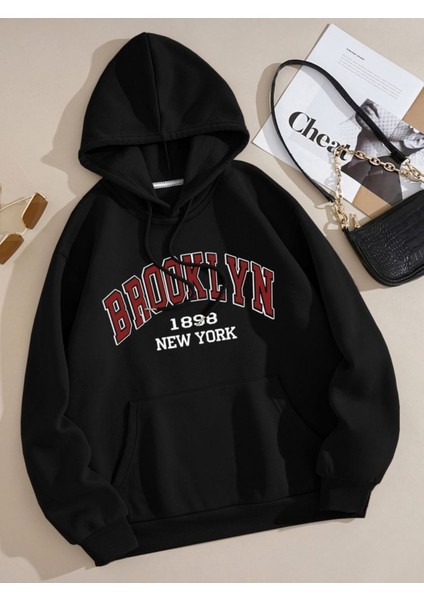 Siyah New York 1898 Baskılı Oversize Kapuşonlu Erkek Sweatshirt