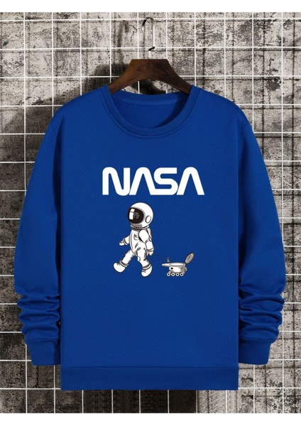 Mavi Nasa Baskılı Oversize Bisiklet Yaka Erkek Sweatshirt