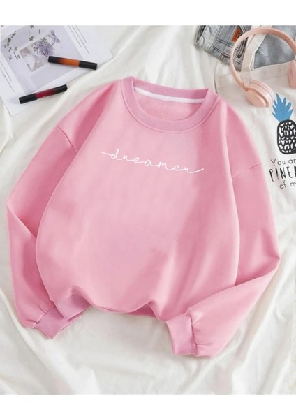 Pembe Dreamer Baskılı Oversize Bisiklet Yaka Unisex Sweat.