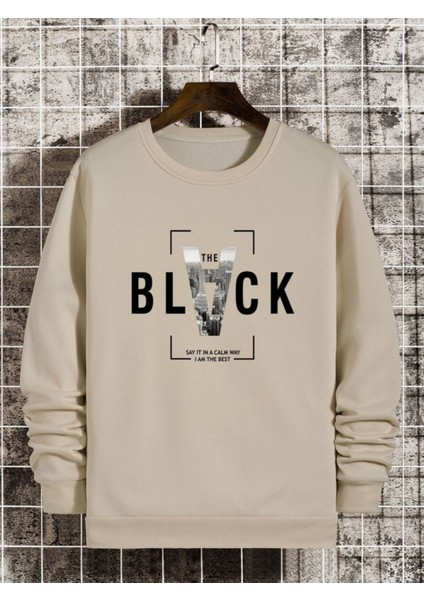 Bej Black Baskılı Oversize Bisiklet Yaka Erkek Sweatshirt