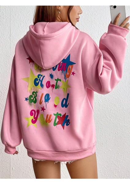 Pembe Waving Baskılı Oversize Kapüşonlu Unisex Sweatshirt