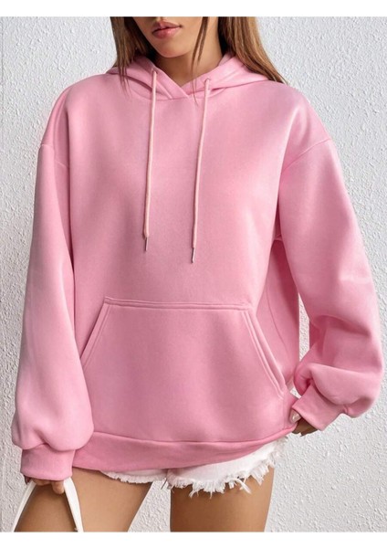 Pembe Waving Baskılı Oversize Kapüşonlu Unisex Sweatshirt