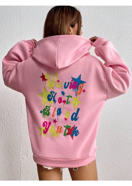 Pembe Waving Baskılı Oversize Kapüşonlu Unisex Sweatshirt
