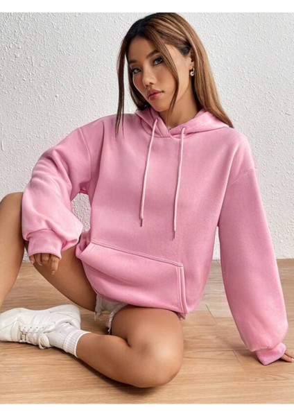 Pembe Waving Baskılı Oversize Kapüşonlu Unisex Sweatshirt