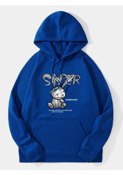 Sax Mavi Tavşan Baskılı Oversize Erkek Sweatshirt