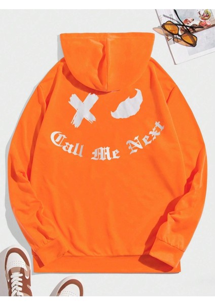 Turuncu Call Me Next Baskılı Oversize Kapüşonlu Erkek Sweatshirt