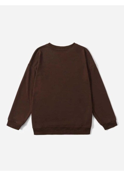 Unısex Kahverengi Kurbağa Baskılı Bisiklet Yaka Oversize Sweatshirt