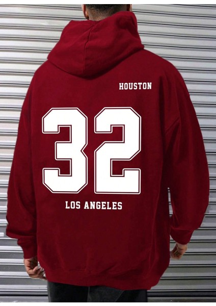Bordo 32 Baskılı Oversize Kapüşonlu Erkek Sweatshirt