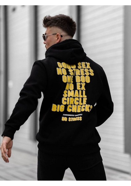 Erkek Siyah No Stres Baskılı Oversize Kapüşonlu Sweatshirt