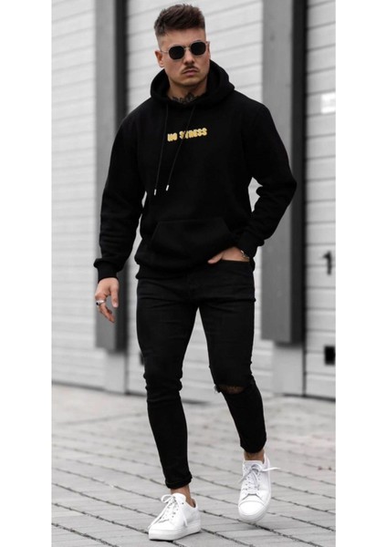 Erkek Siyah No Stres Baskılı Oversize Kapüşonlu Sweatshirt