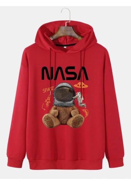 Unisex Kırmızı Ayıcıklı Nasa Baskılı Sweatshirt